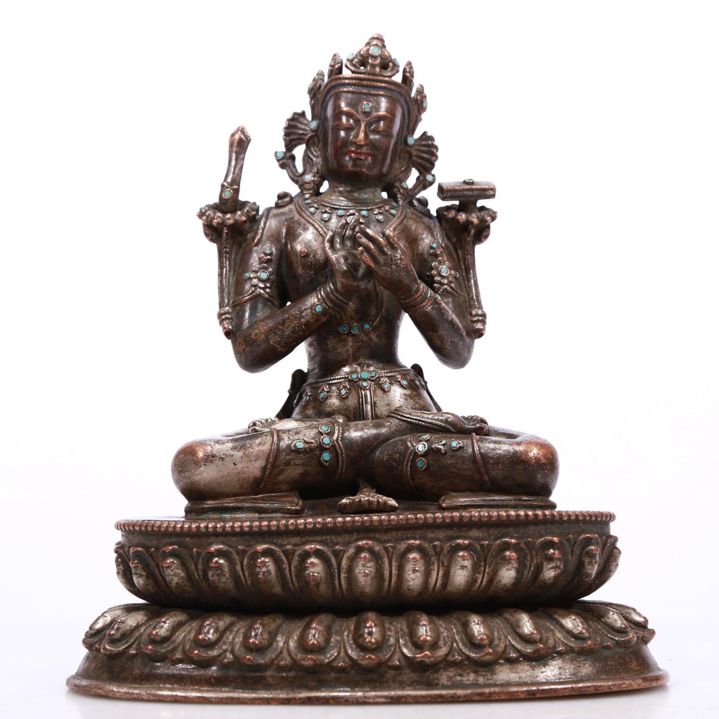 A Brilliant Silver-Bronze Figure Of Manjusri With Inscriptions