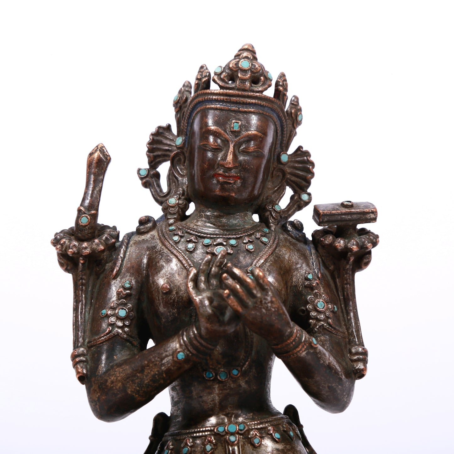 A Brilliant Silver-Bronze Figure Of Manjusri With Inscriptions