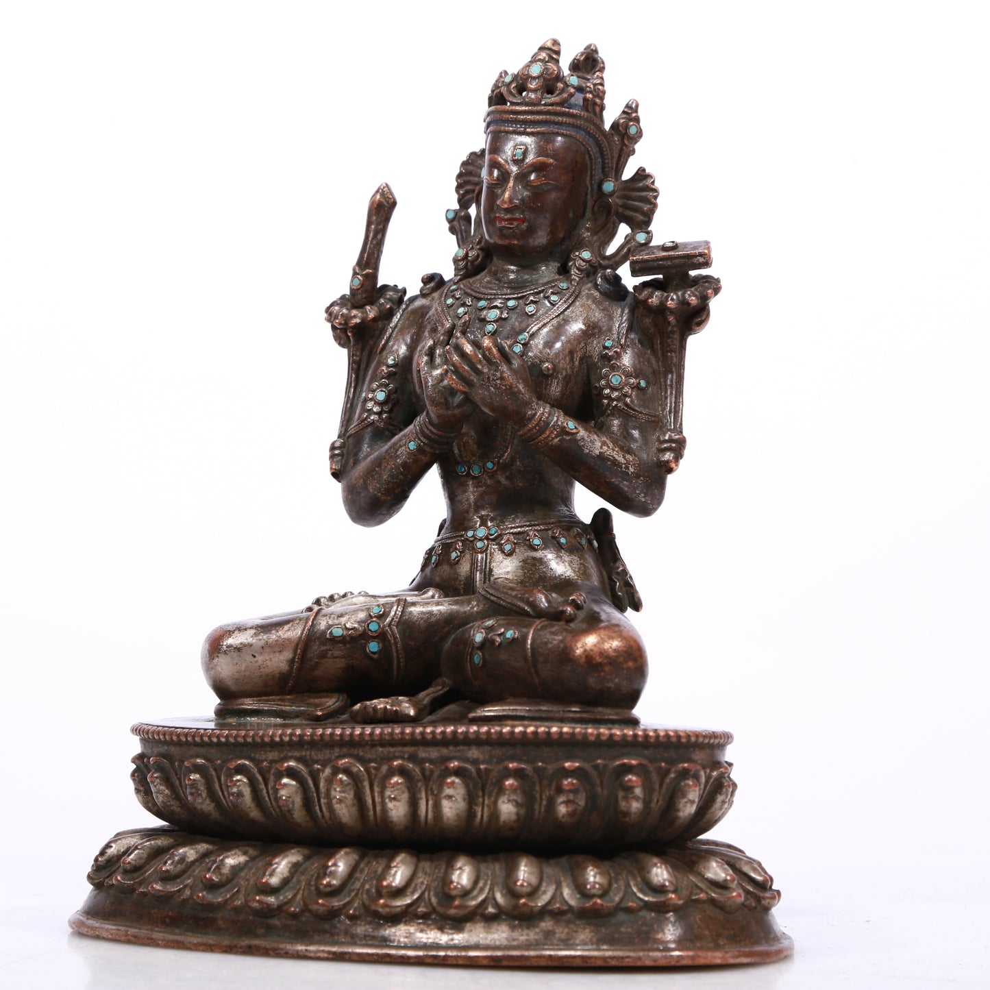 A Brilliant Silver-Bronze Figure Of Manjusri With Inscriptions