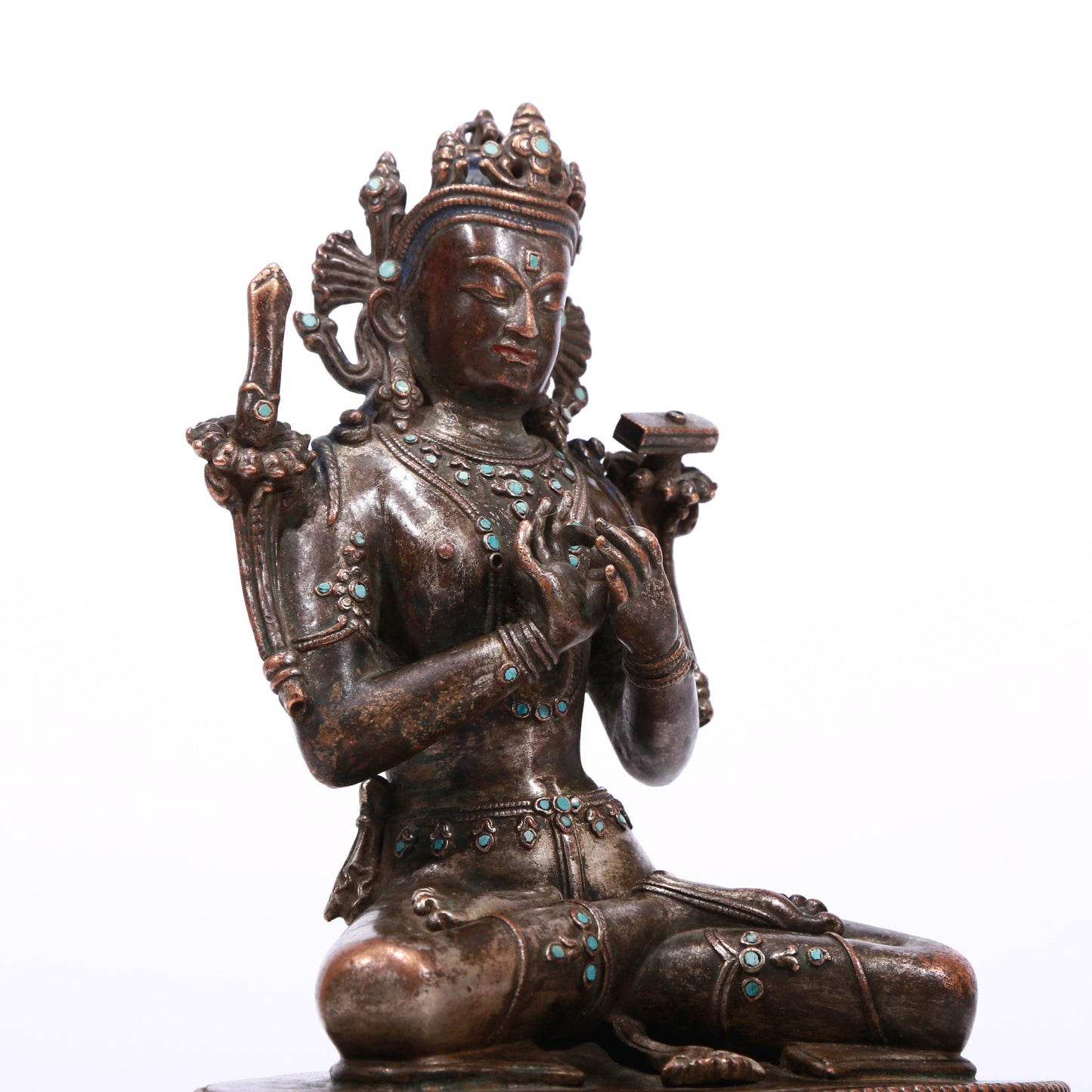 A Brilliant Silver-Bronze Figure Of Manjusri With Inscriptions