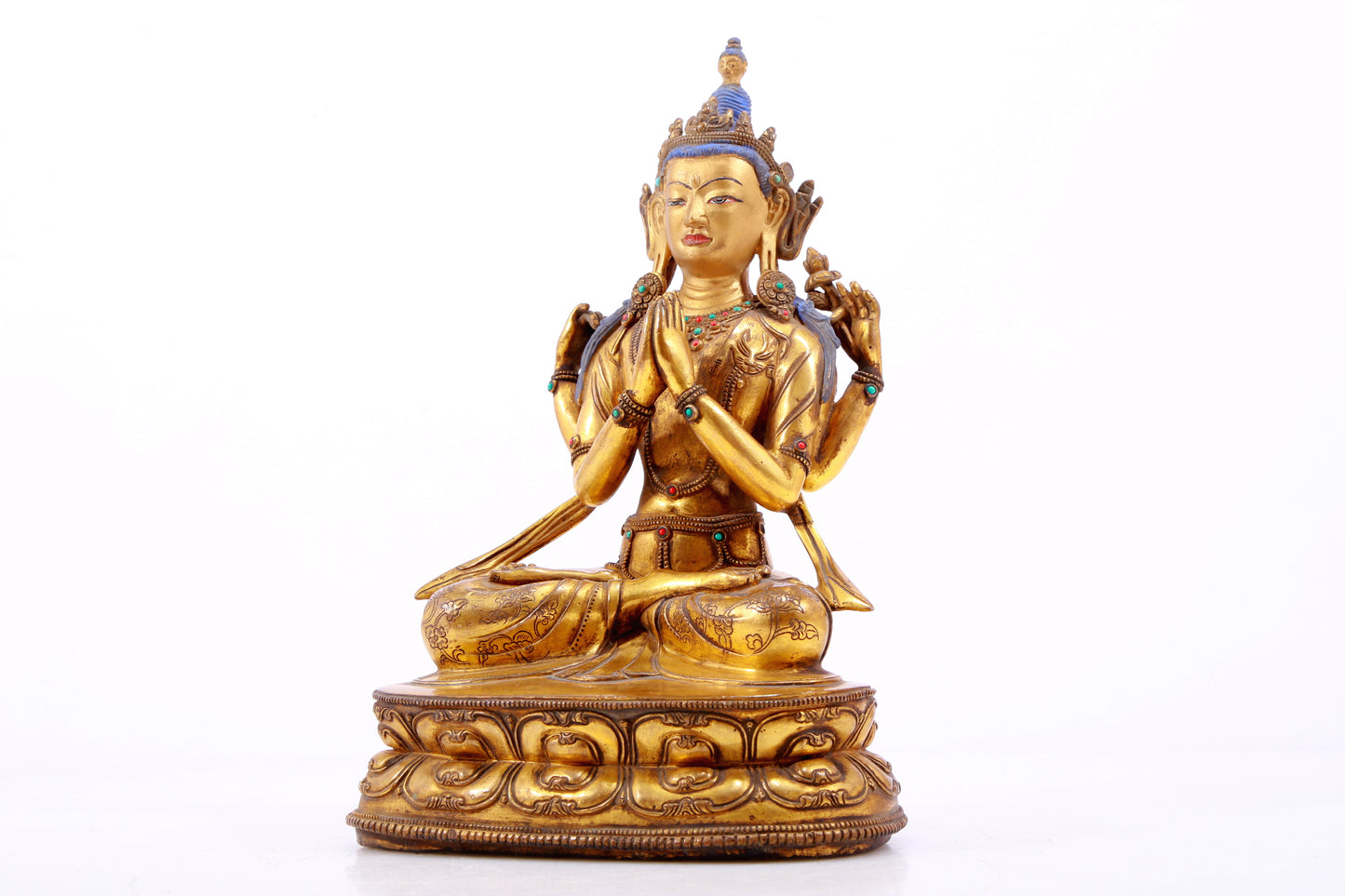 A Magnificent Gilt-Bronze Gem-Inlaid Figure Of Four-Armed Avalokiteshvara