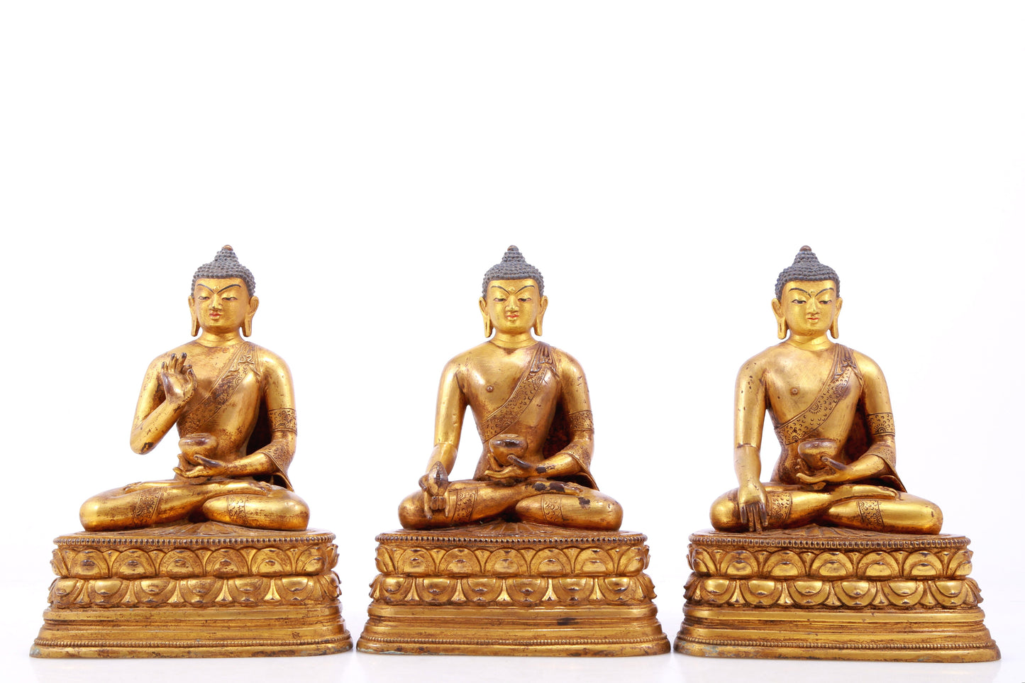 Wonderful Set Of Three Gilt-Bronze Figures Of Buddha Shakyamuni