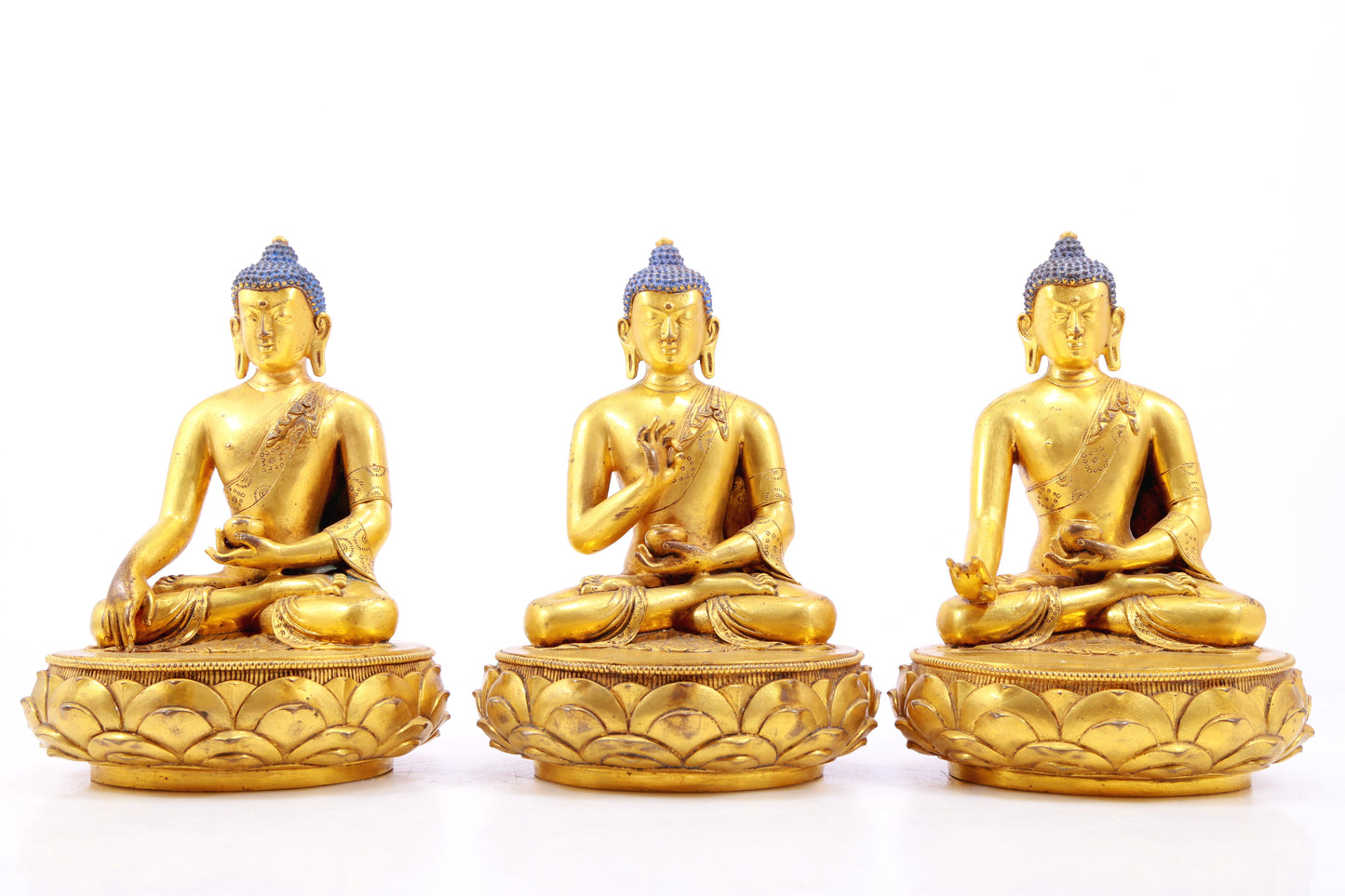 A Wonderful Set Of Three Gilt-Bronze Figures Of Buddha Shakyamuni