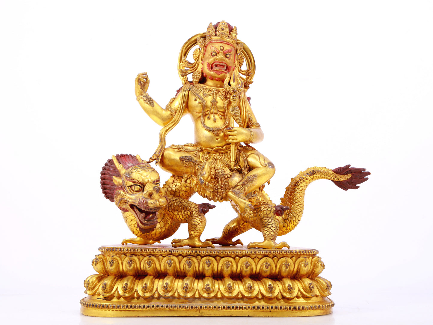 A Wonderful Gilt-Bronze Figure Of Vajrapani Seated On A Dragon