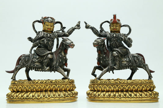 A Magnificent Pair Of Gilt-Bronze Silver Figures Of Kubera Seated On Horses