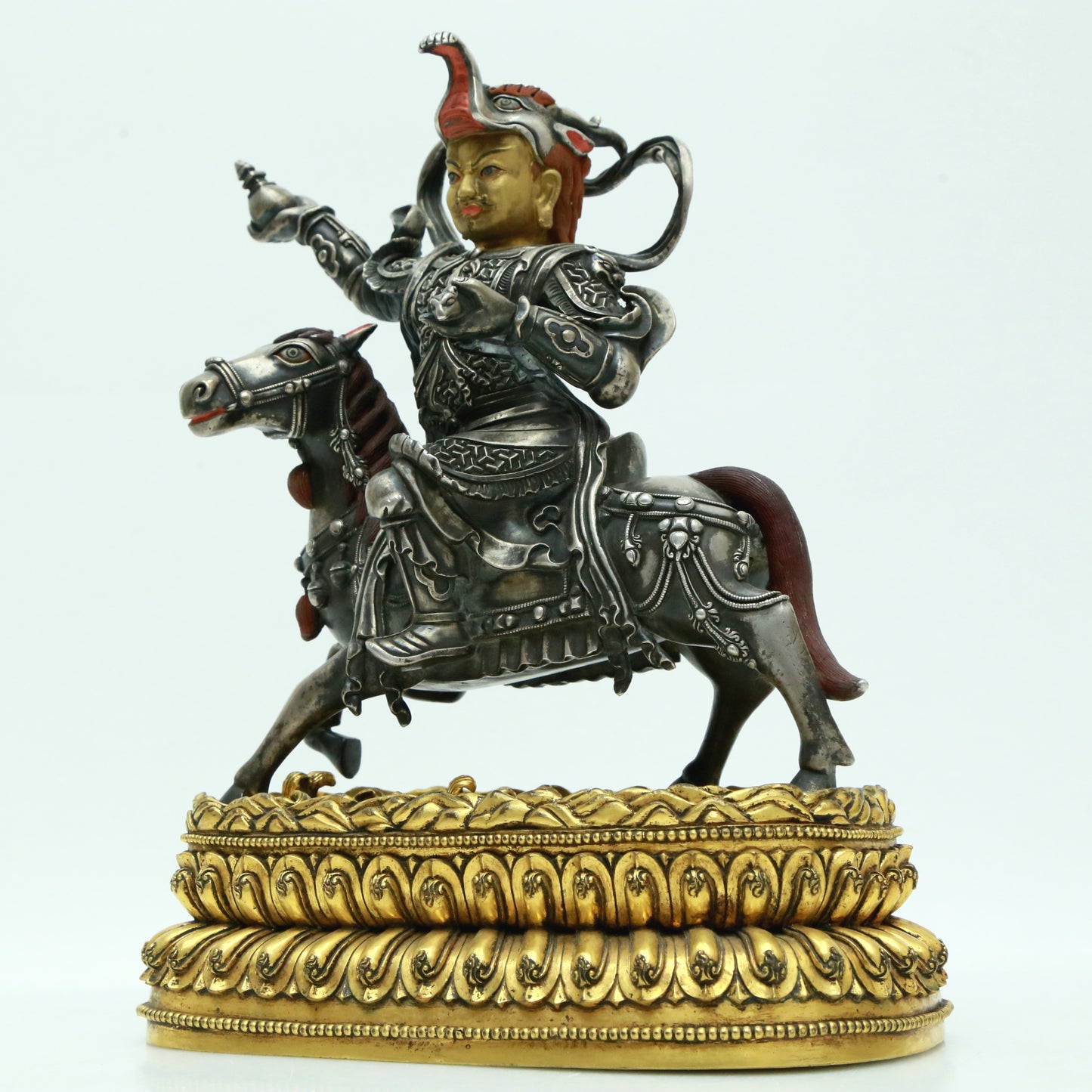 A Magnificent Pair Of Gilt-Bronze Silver Figures Of Kubera Seated On Horses