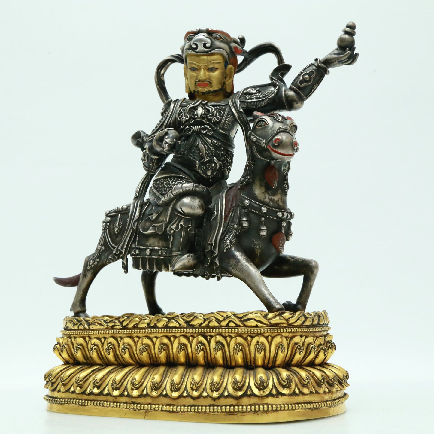 A Magnificent Pair Of Gilt-Bronze Silver Figures Of Kubera Seated On Horses