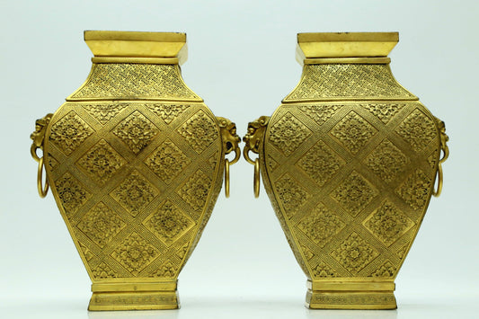 A Magnificent Pair Of Gilt-Bronze 'Flower' Lion-Handled Vases