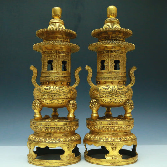 A Brilliant Pair Of Gilt-Bronze 'Animal Mask& Auspicious Cloud' Tripod Censers