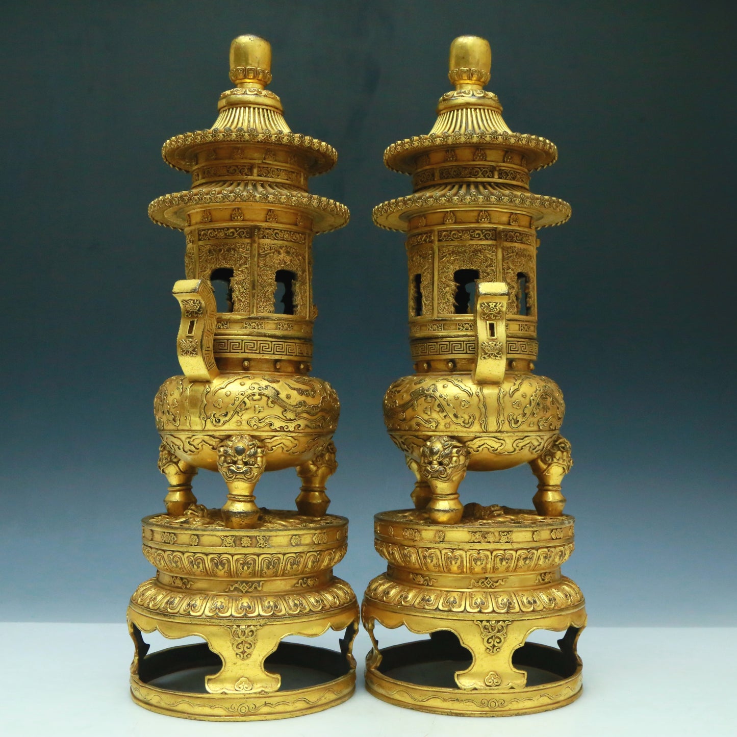 A Brilliant Pair Of Gilt-Bronze 'Animal Mask& Auspicious Cloud' Tripod Censers