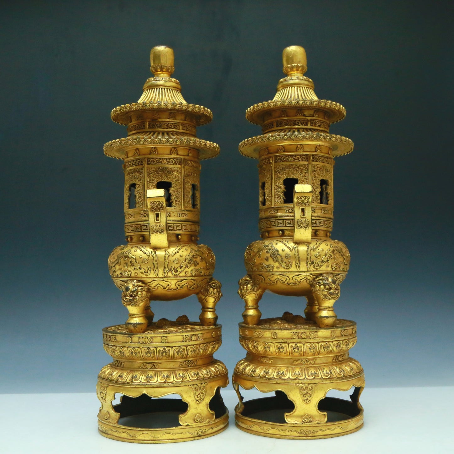 A Brilliant Pair Of Gilt-Bronze 'Animal Mask& Auspicious Cloud' Tripod Censers