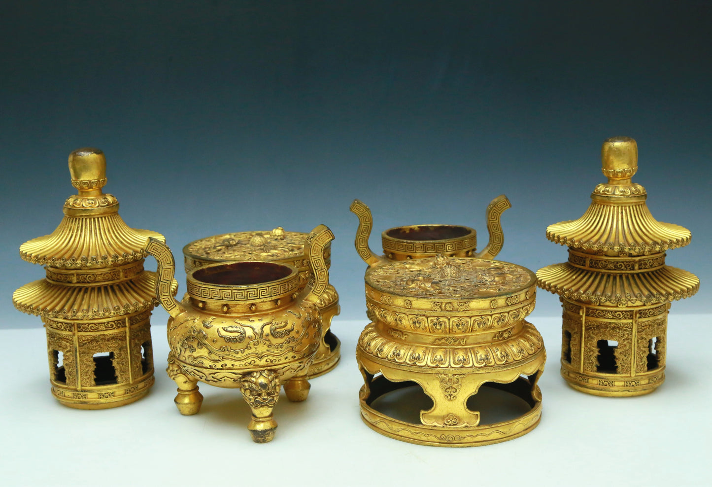 A Brilliant Pair Of Gilt-Bronze 'Animal Mask& Auspicious Cloud' Tripod Censers