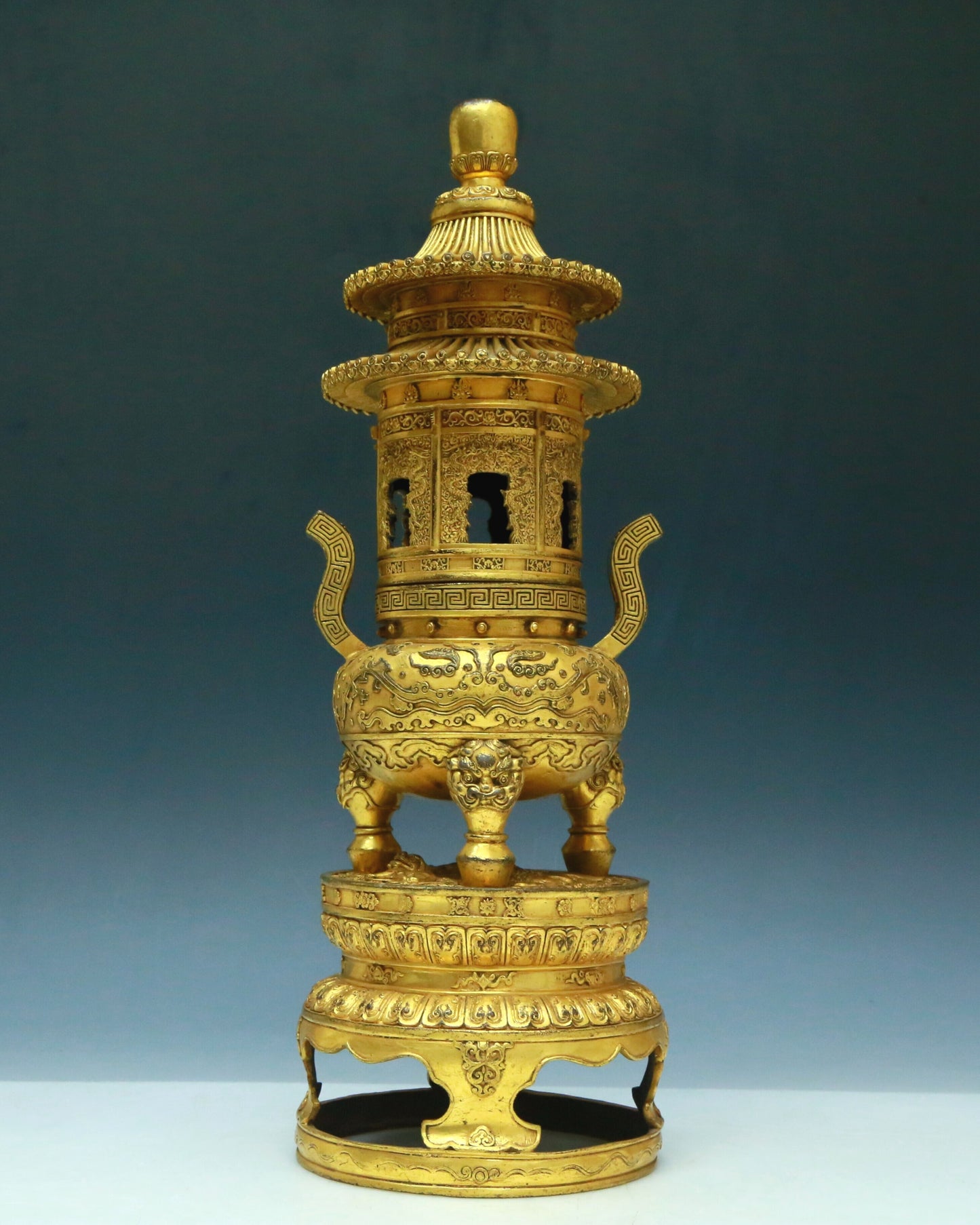 A Brilliant Pair Of Gilt-Bronze 'Animal Mask& Auspicious Cloud' Tripod Censers