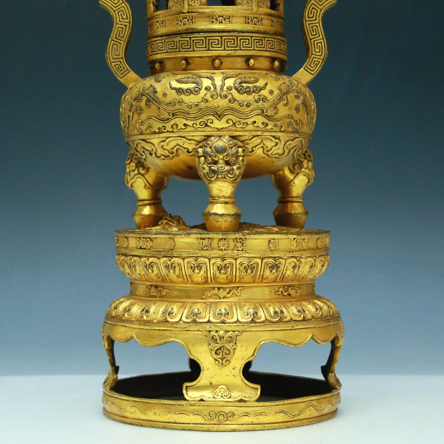 A Brilliant Pair Of Gilt-Bronze 'Animal Mask& Auspicious Cloud' Tripod Censers