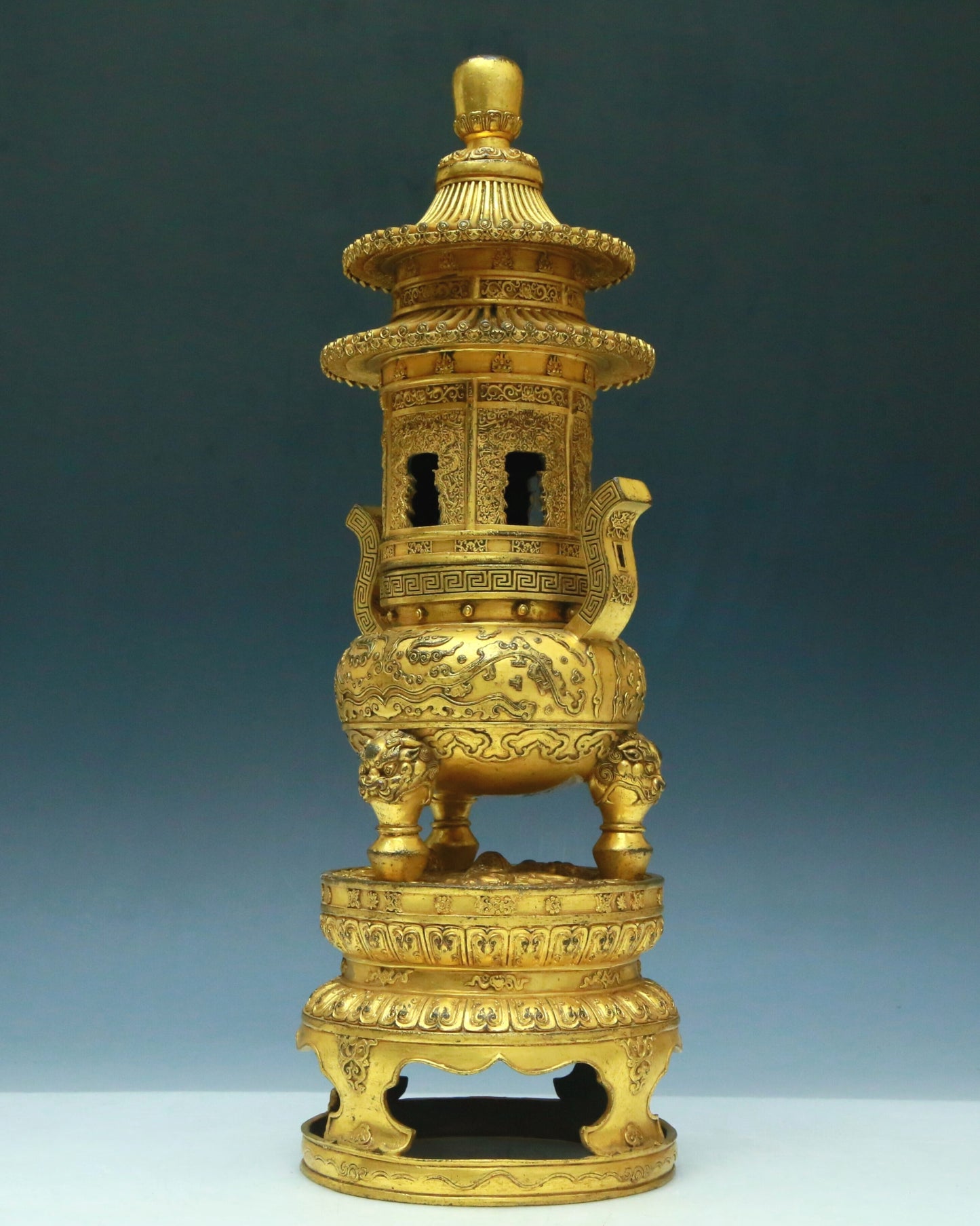 A Brilliant Pair Of Gilt-Bronze 'Animal Mask& Auspicious Cloud' Tripod Censers