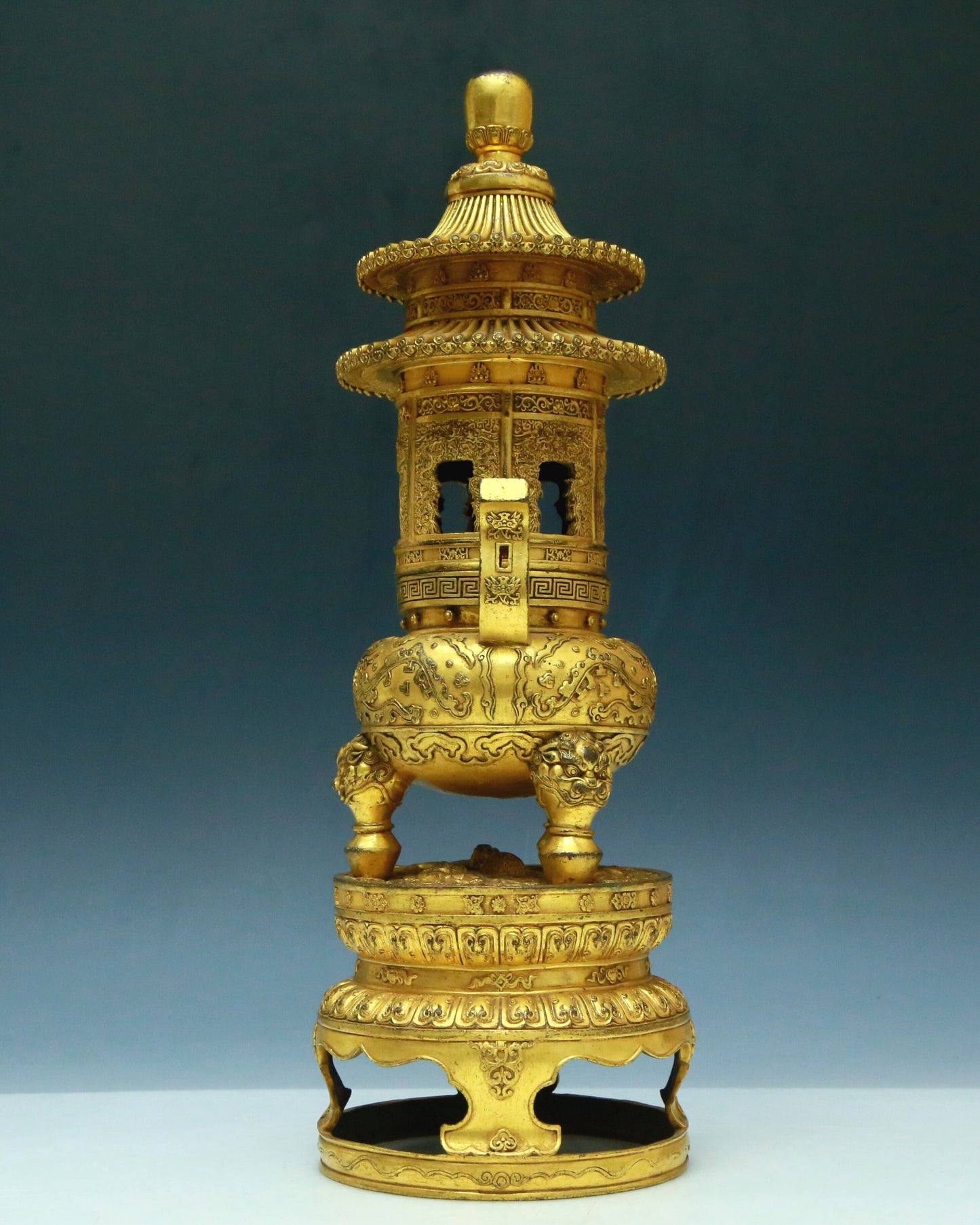 A Brilliant Pair Of Gilt-Bronze 'Animal Mask& Auspicious Cloud' Tripod Censers