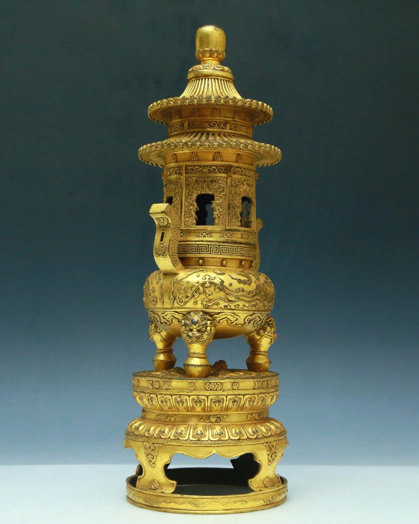 A Brilliant Pair Of Gilt-Bronze 'Animal Mask& Auspicious Cloud' Tripod Censers