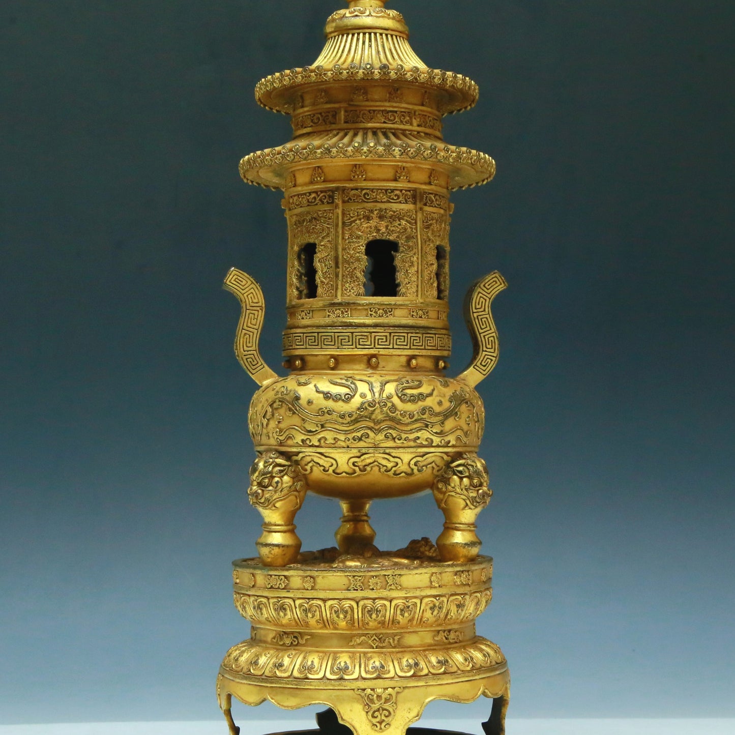 A Brilliant Pair Of Gilt-Bronze 'Animal Mask& Auspicious Cloud' Tripod Censers