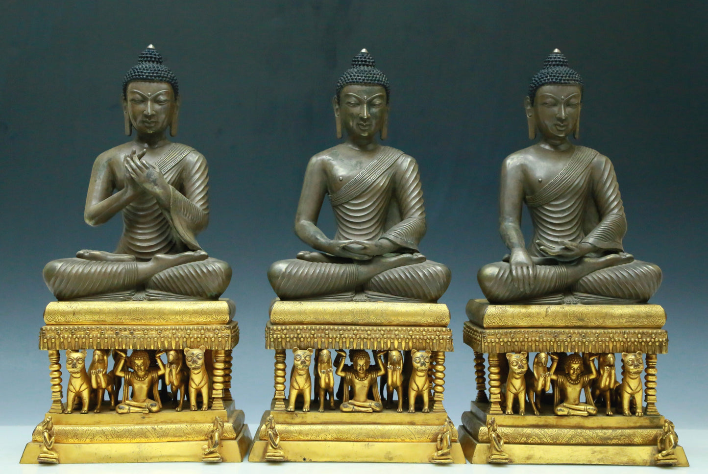 Three Brilliant Gilt-Bronze Silver Figures Of Buddha Shakyamuni