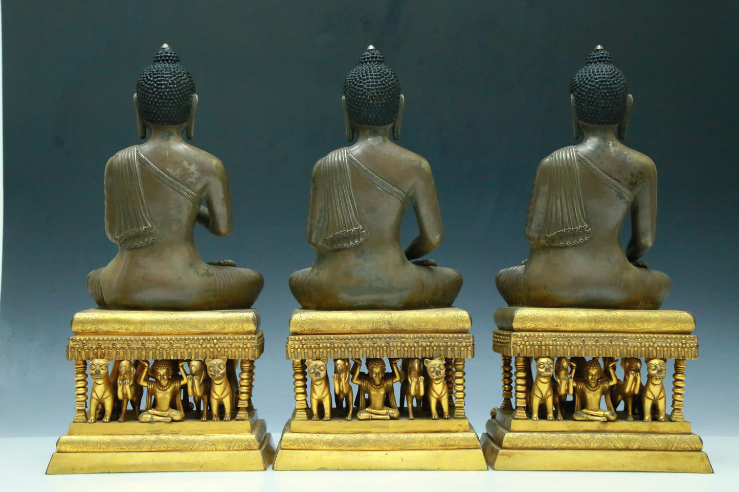 Three Brilliant Gilt-Bronze Silver Figures Of Buddha Shakyamuni