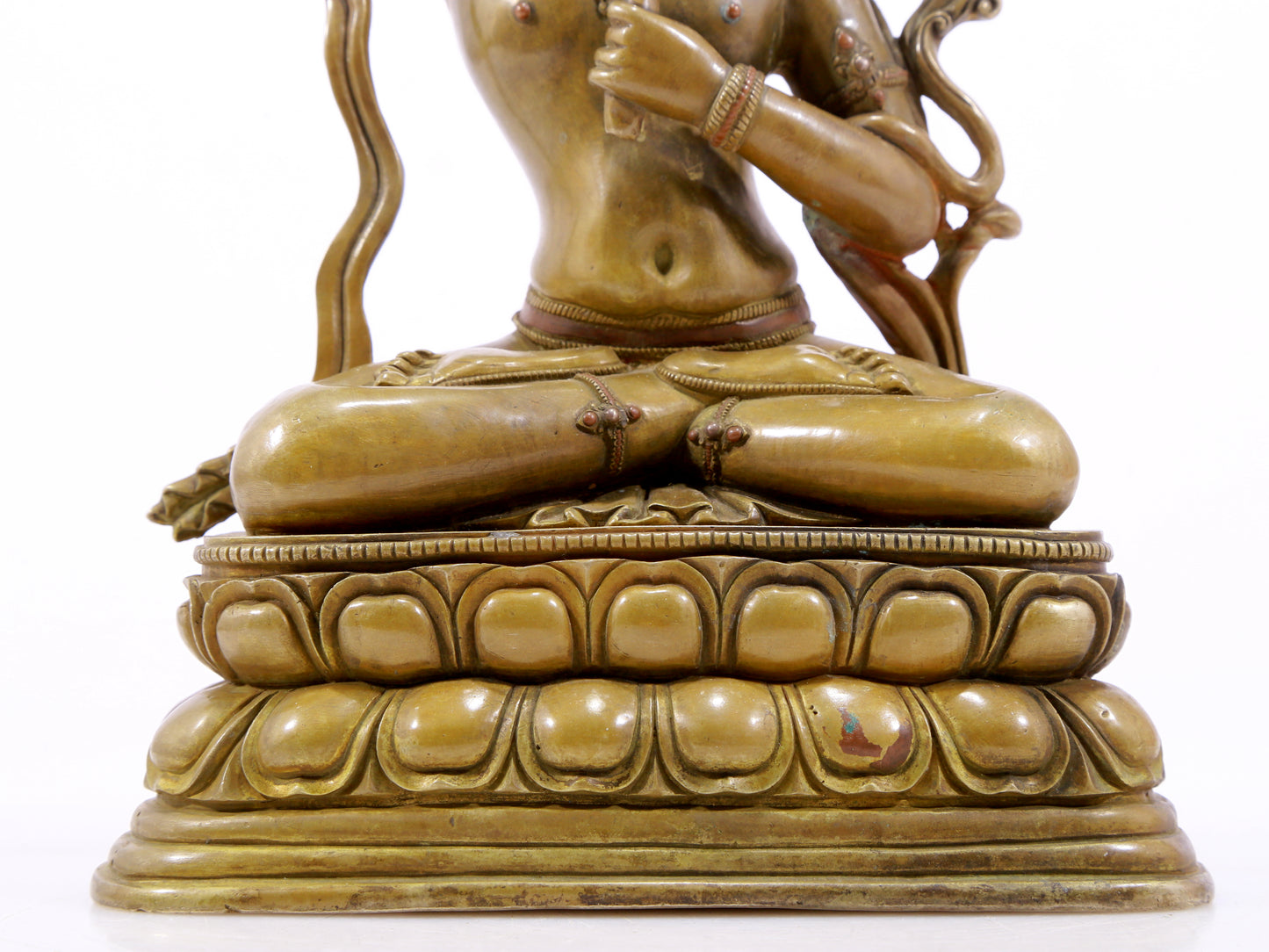 A majestic alloy copper inlaid silver statue of Manjusri Bodhisattva