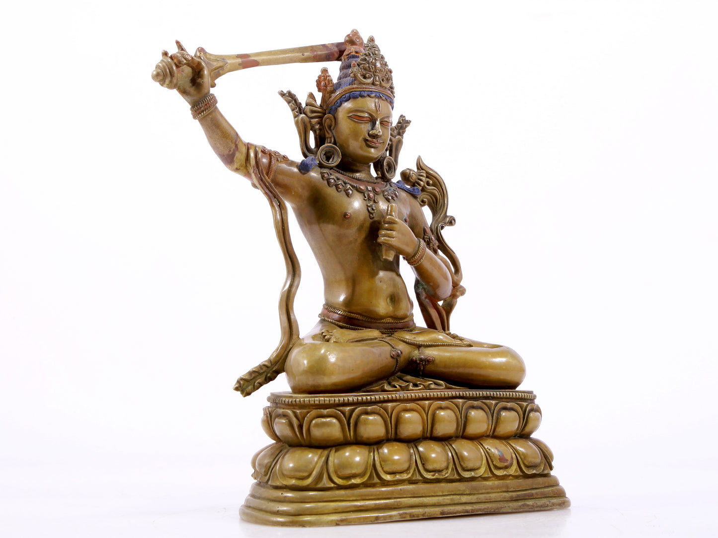 A majestic alloy copper inlaid silver statue of Manjusri Bodhisattva