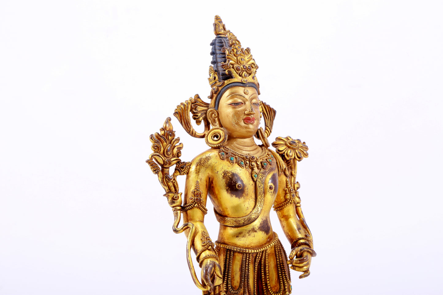 majestic gilt bronze statue of Tara inlaid with turquoise