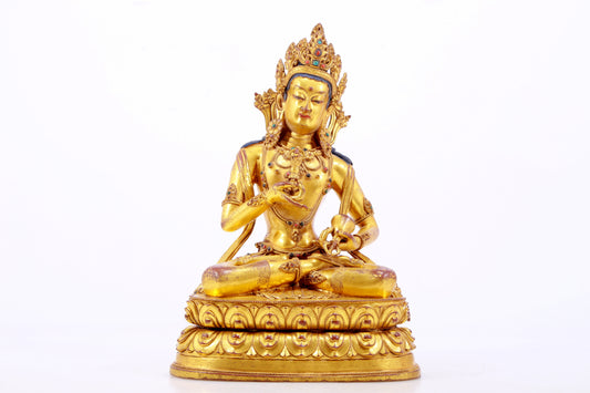 A solemn gilt bronze statue of Vajrasattva inlaid with hundreds of treasures