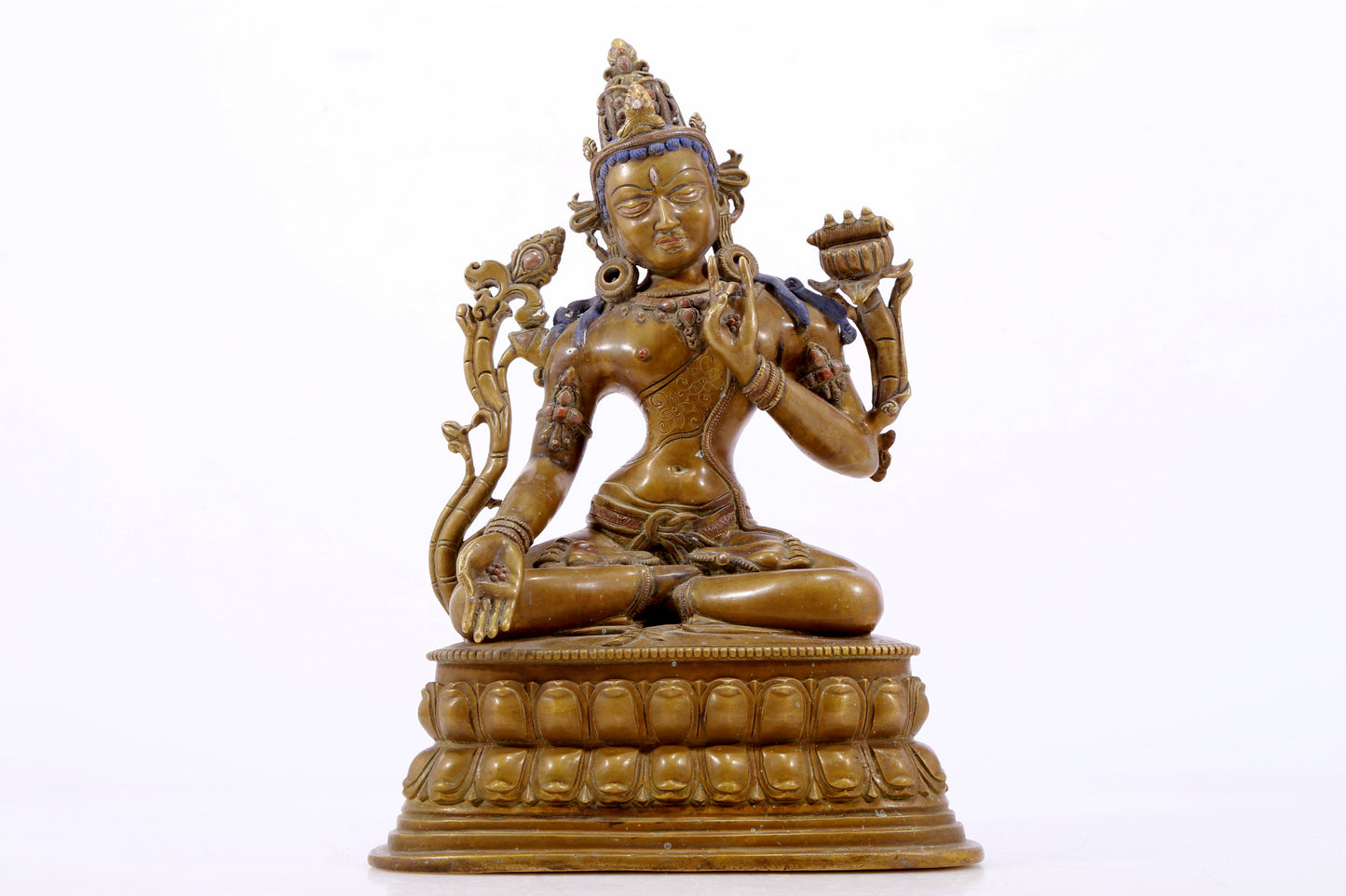 A majestic alloy copper inlaid silver statue of Tara