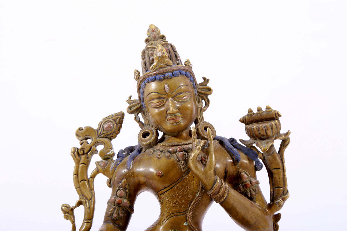 A majestic alloy copper inlaid silver statue of Tara