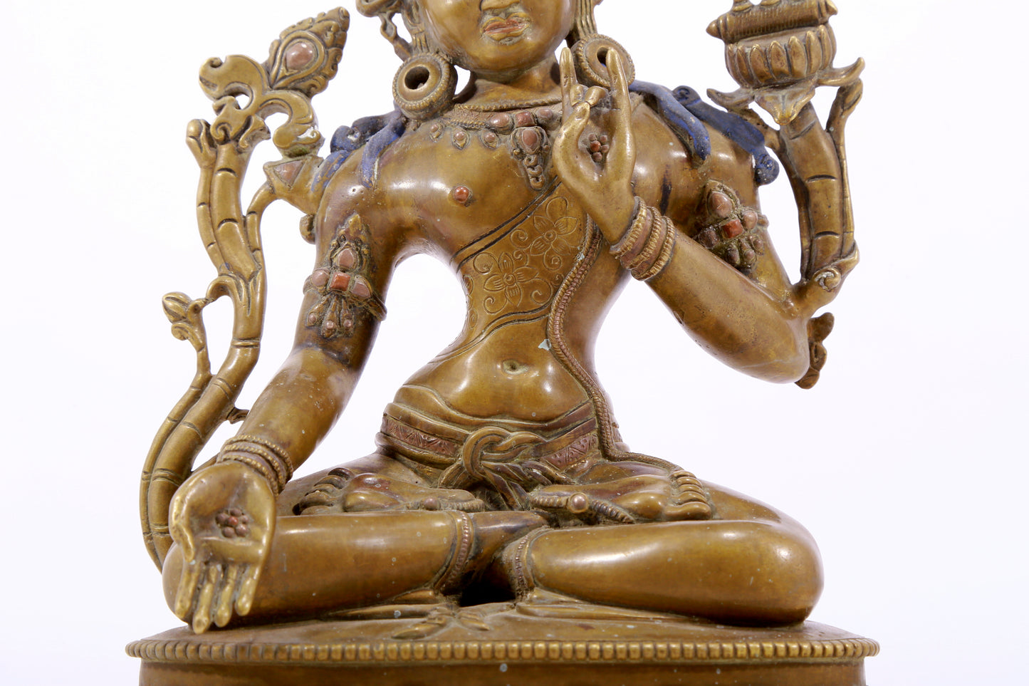 A majestic alloy copper inlaid silver statue of Tara