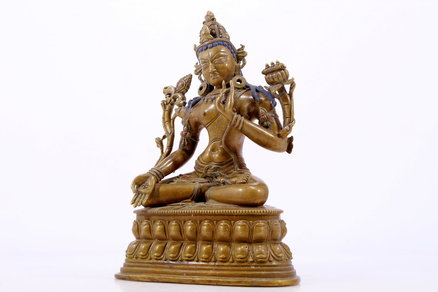 A majestic alloy copper inlaid silver statue of Tara