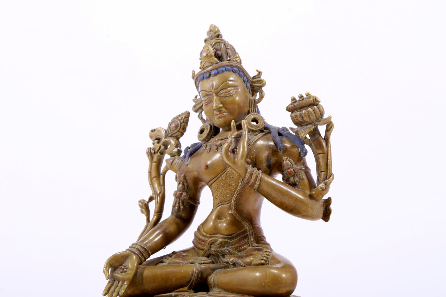 A majestic alloy copper inlaid silver statue of Tara