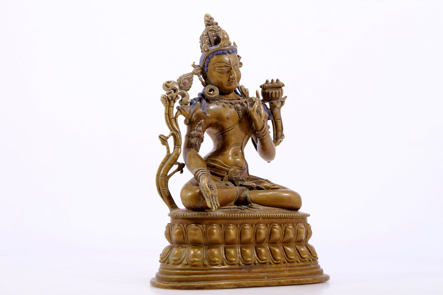 A majestic alloy copper inlaid silver statue of Tara