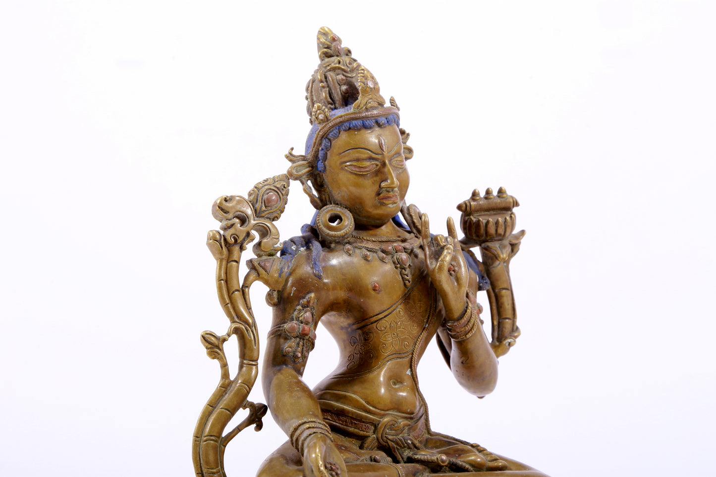 A majestic alloy copper inlaid silver statue of Tara