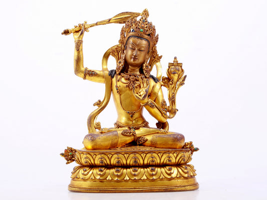 A solemn gilt bronze statue of Manjushri Bodhisattva inlaid with hundreds of treasures