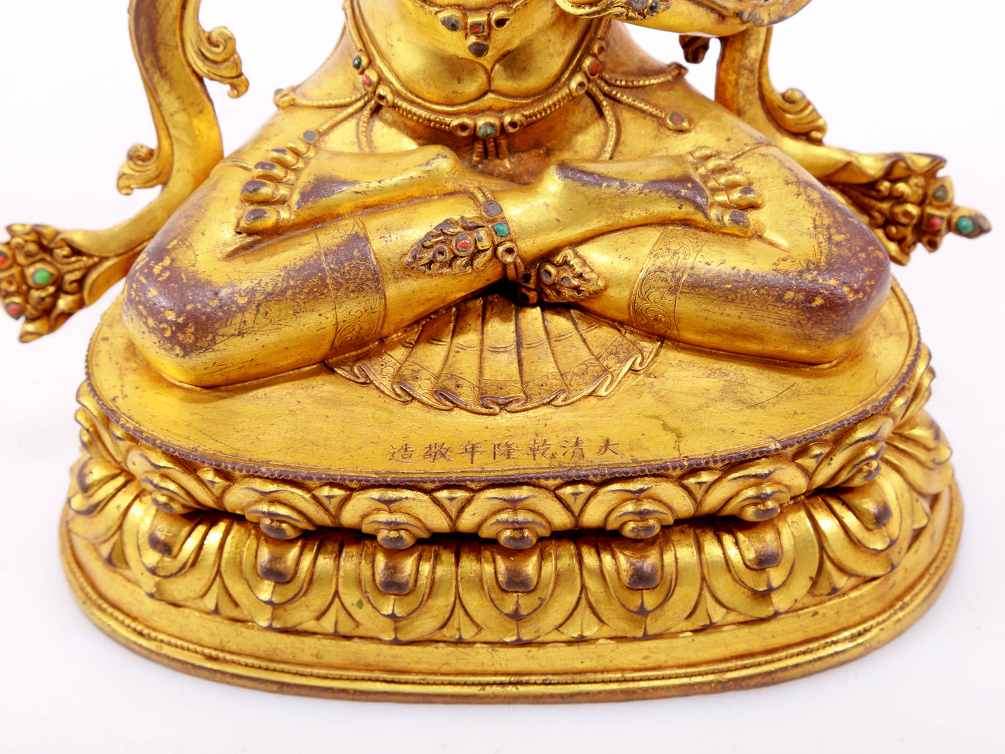 A solemn gilt bronze statue of Manjushri Bodhisattva inlaid with hundreds of treasures