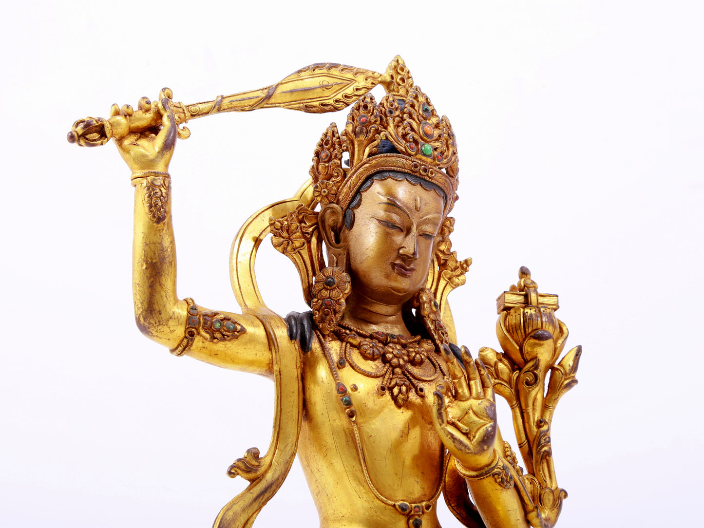 A solemn gilt bronze statue of Manjushri Bodhisattva inlaid with hundreds of treasures