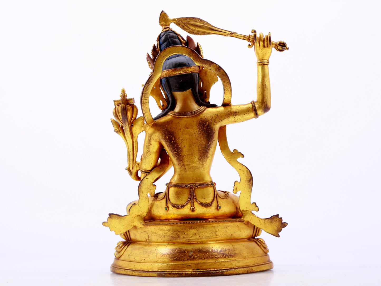 A solemn gilt bronze statue of Manjushri Bodhisattva inlaid with hundreds of treasures