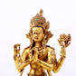 A solemn gilt bronze statue of Guanyin with four arms inlaid with hundreds of treasures