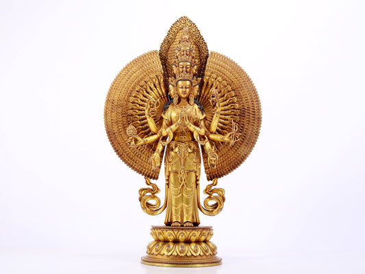 majestic gilt bronze statue of Avalokitesvara with Thousand Arms