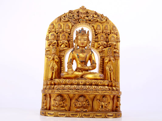 A solemn gilt bronze statue of Bodhisattva inlaid with hundreds of treasures