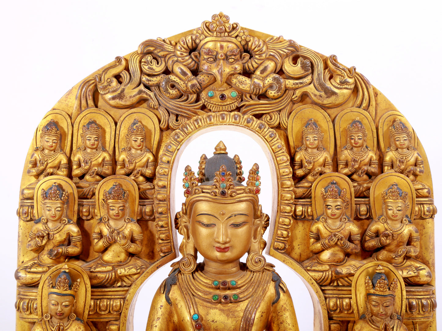 A solemn gilt bronze statue of Bodhisattva inlaid with hundreds of treasures