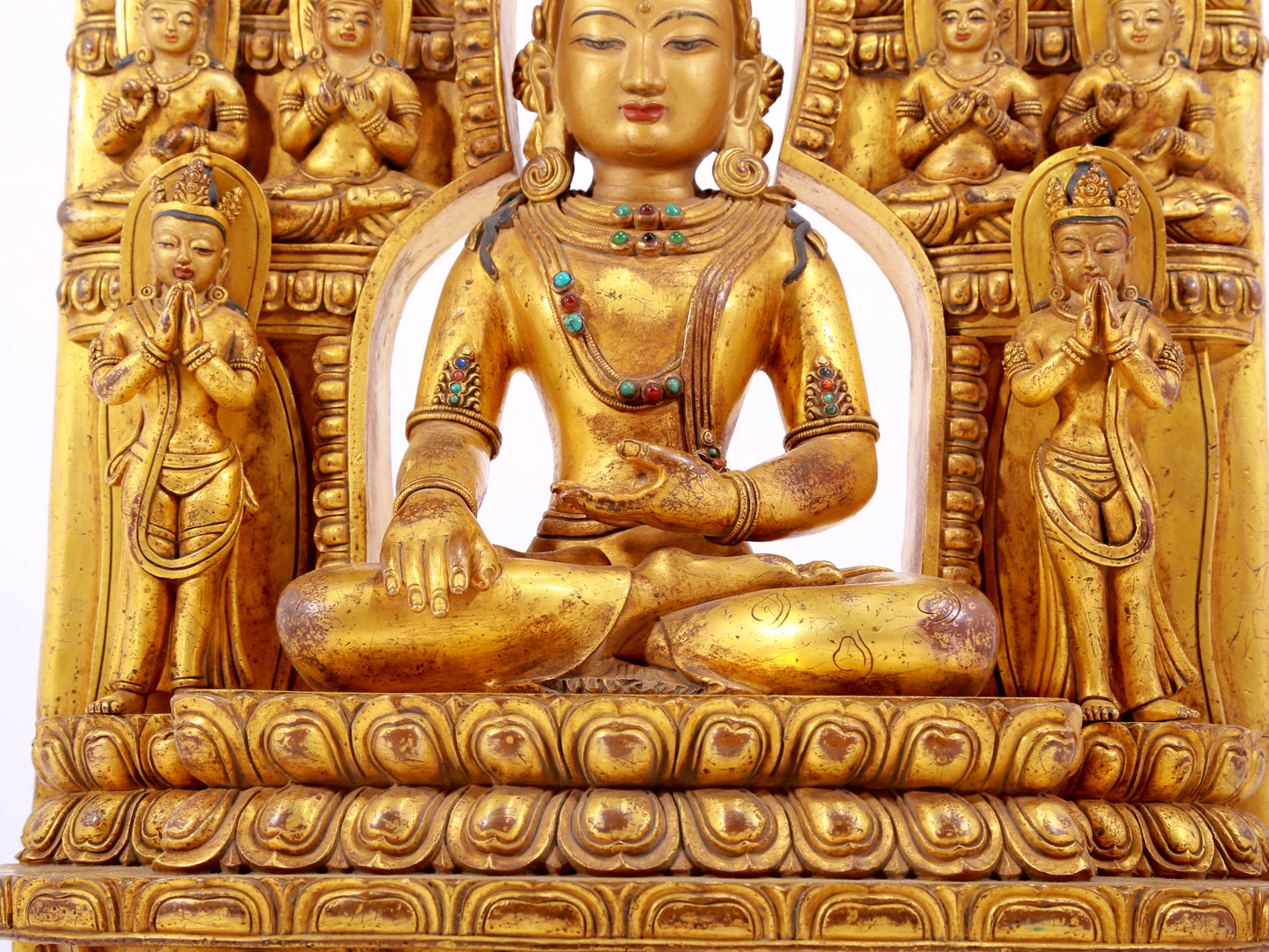 A solemn gilt bronze statue of Bodhisattva inlaid with hundreds of treasures