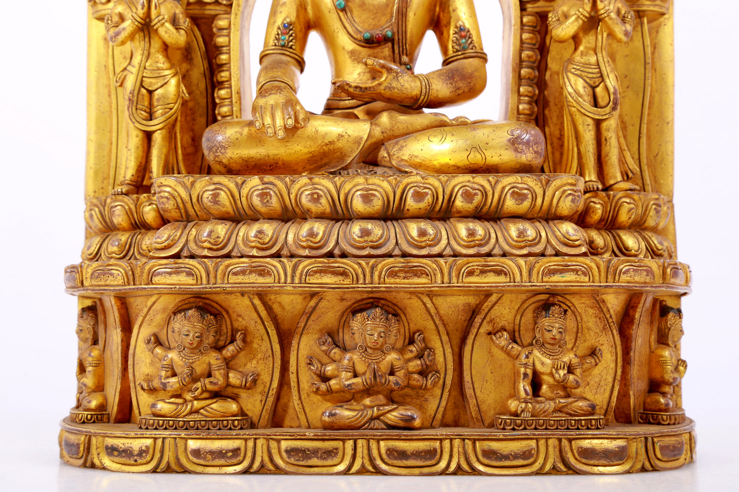 A solemn gilt bronze statue of Bodhisattva inlaid with hundreds of treasures