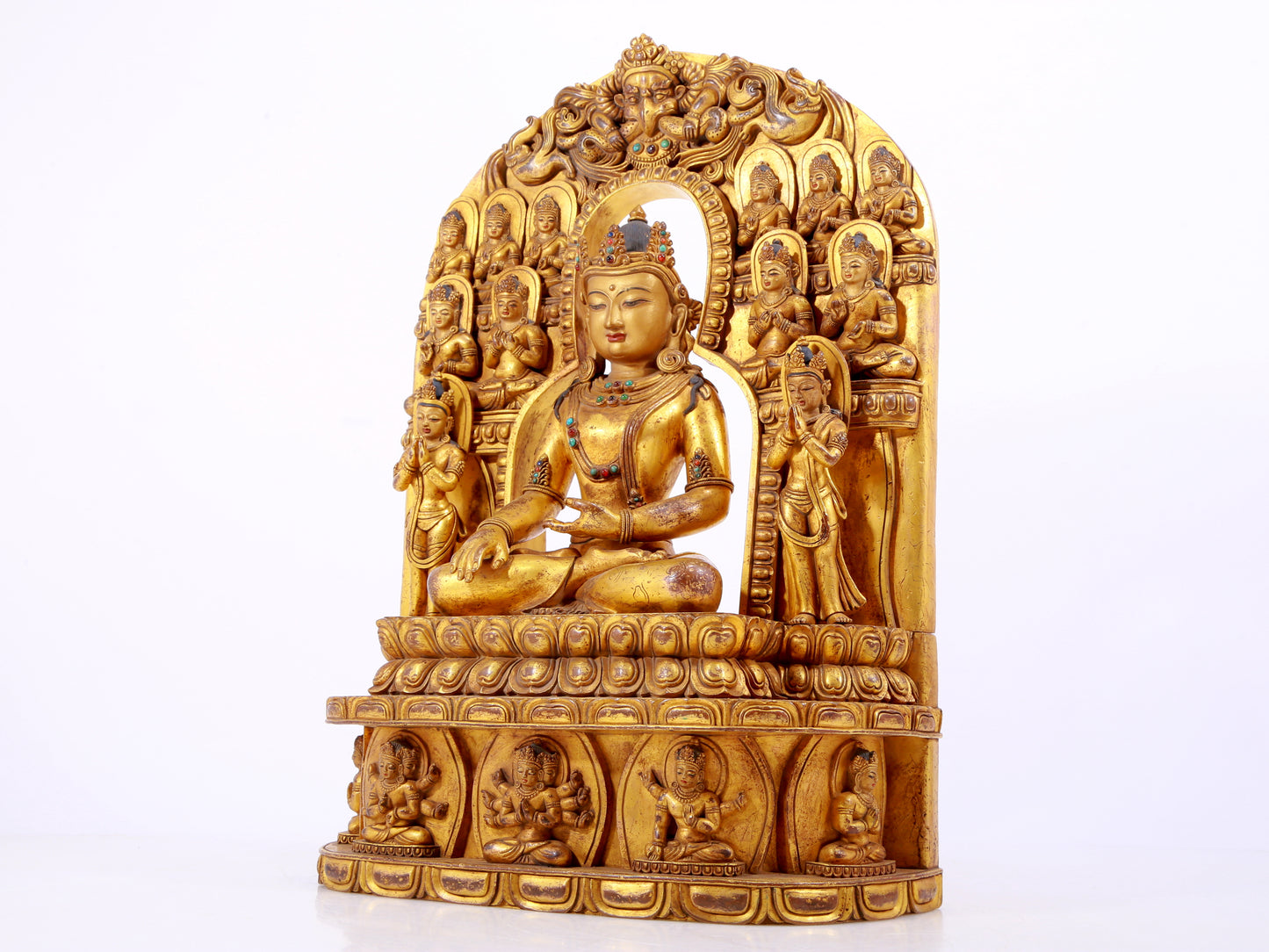 A solemn gilt bronze statue of Bodhisattva inlaid with hundreds of treasures