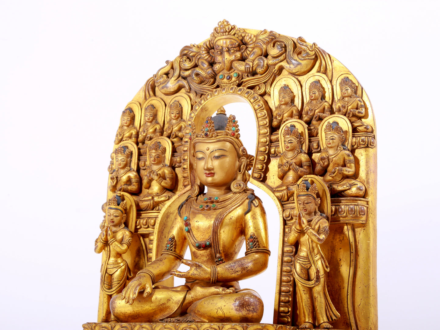 A solemn gilt bronze statue of Bodhisattva inlaid with hundreds of treasures