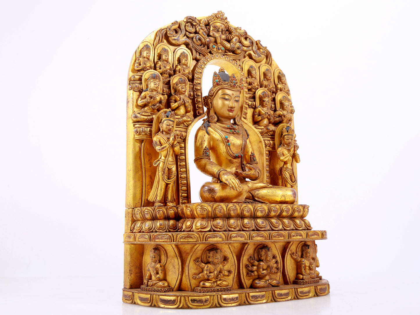 A solemn gilt bronze statue of Bodhisattva inlaid with hundreds of treasures