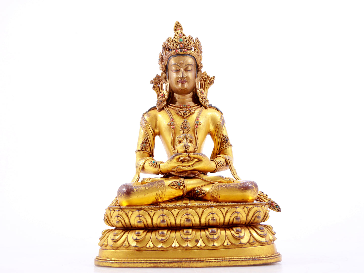 A solemn gilt bronze statue of Amitayus Buddha inlaid with hundreds of treasures