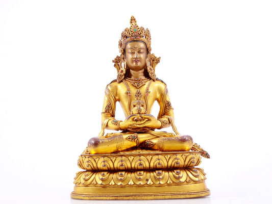 A solemn gilt bronze statue of Amitayus Buddha inlaid with hundreds of treasures